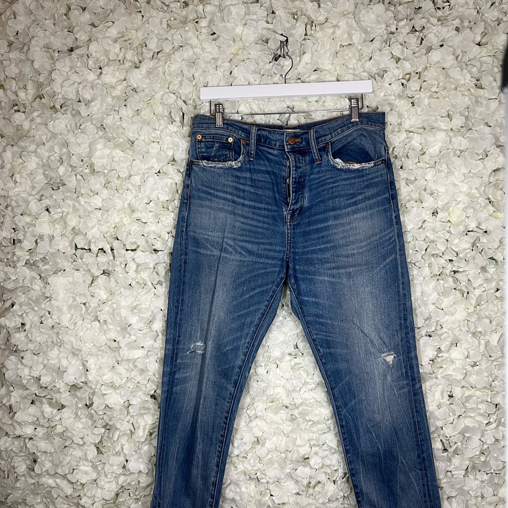 Madewell Blue Straight Leg Jeans with Distressed Details